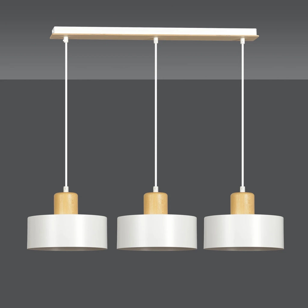 Sospensione Nordica 3 Luci Surya In Acciaio Bianco E Legno