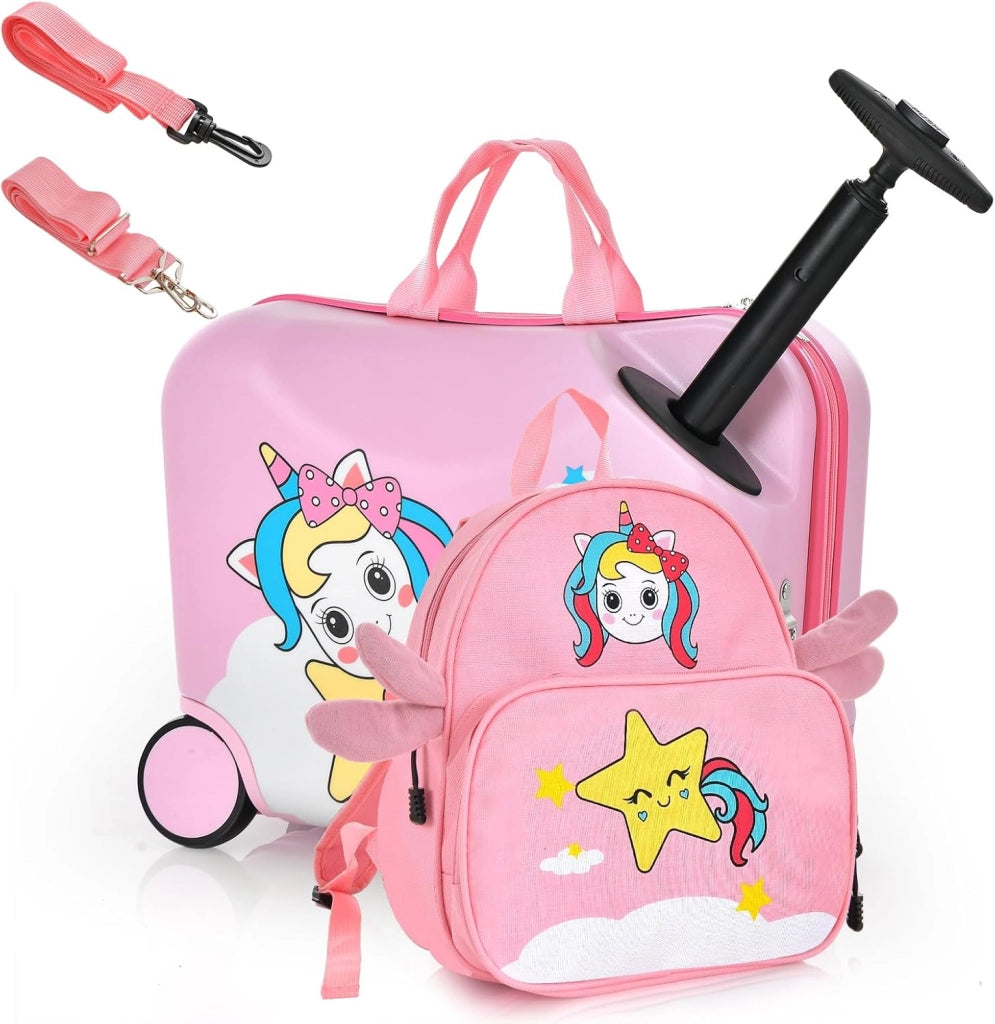 Set di Valigia Cavalcabile 18’’ + Zaino 12’’ per Bambini 2 Pezzi, Bagagli 2-in-1 di con Maniglia Telescopica e 4 Ruote, Trolley Bagaglio a Mano e Zaino per Bambini (Giallo Unicorno-C)