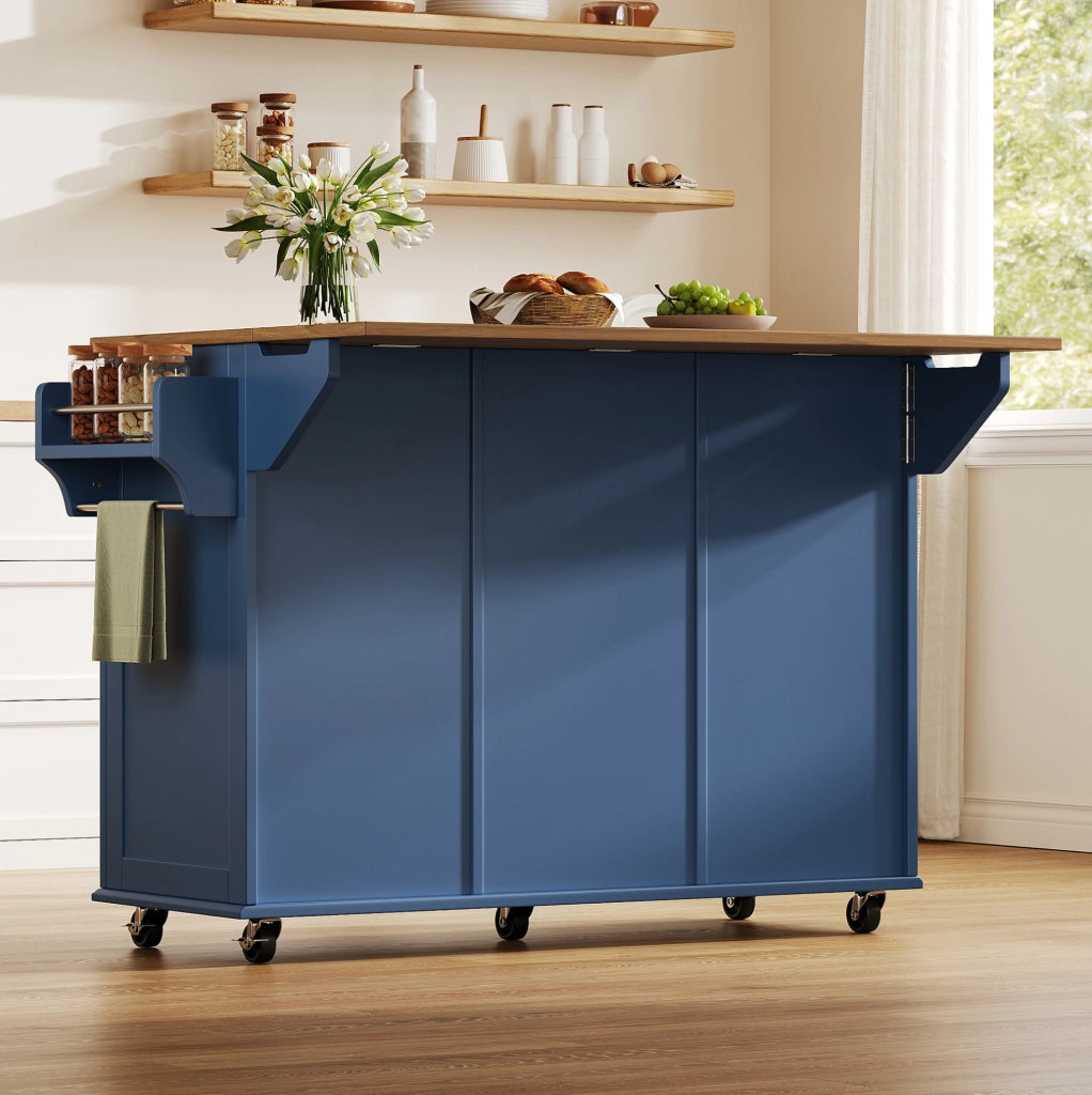 Isola cucina su ruote con piano ribaltabile 143 x 45 x 89;5 cm; MDF blu e marrone