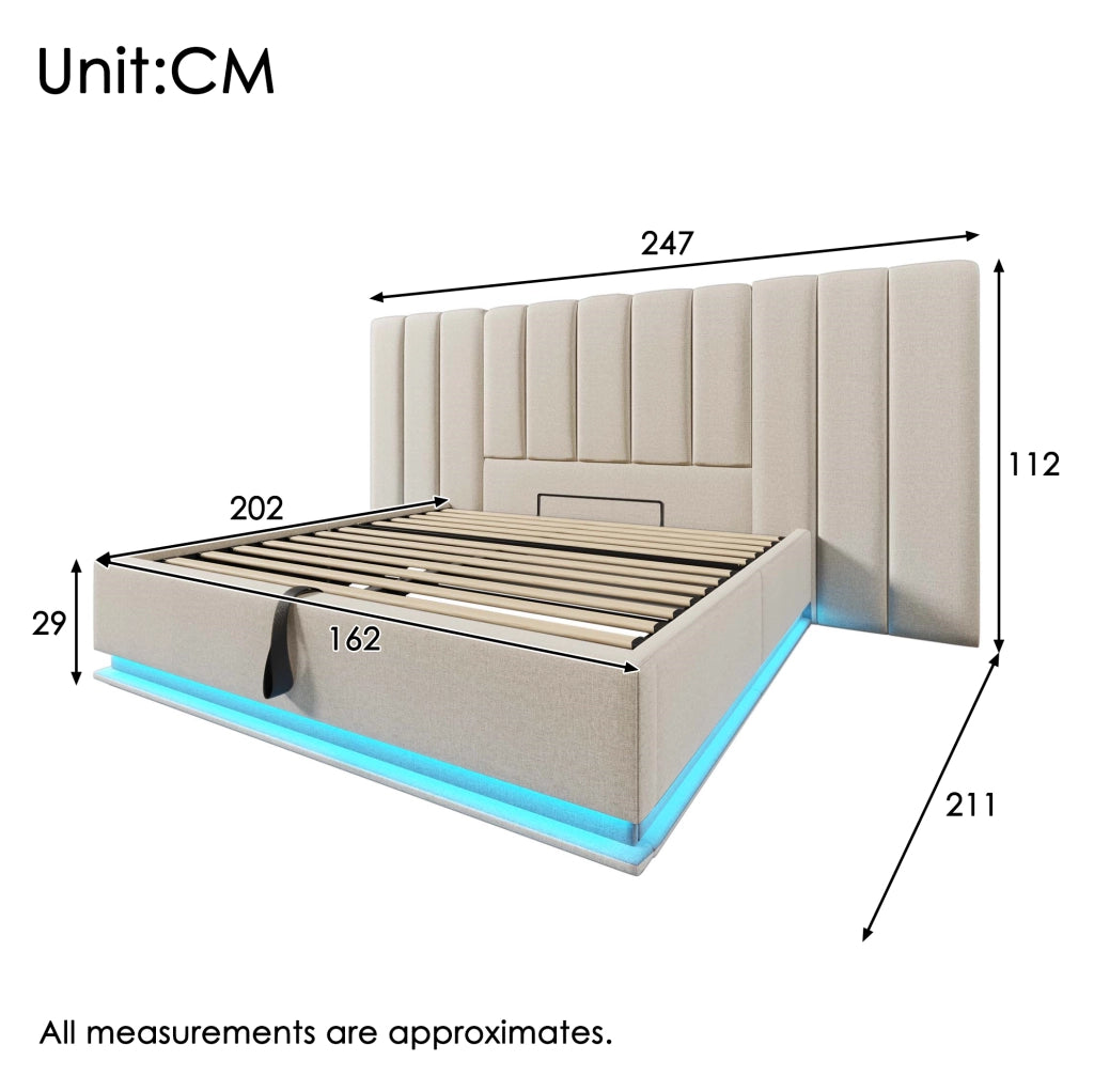 Letto matrimoniale contenitore 160x200 cm con LED 360°; 3 USB e Type-C; beige in lino