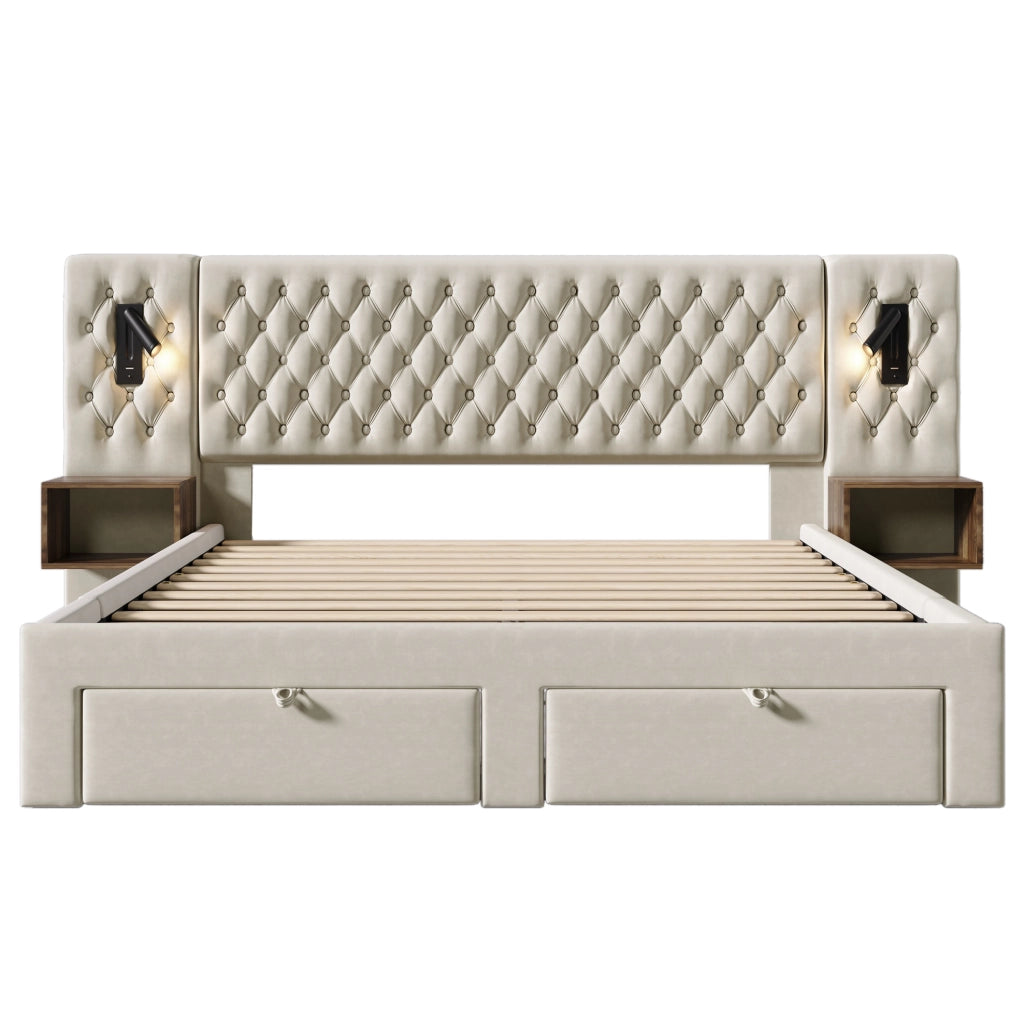 Letto matrimoniale 160x200 cm con 2 comodini; 4 cassetti; lampade da lettura e USB C; velluto beige