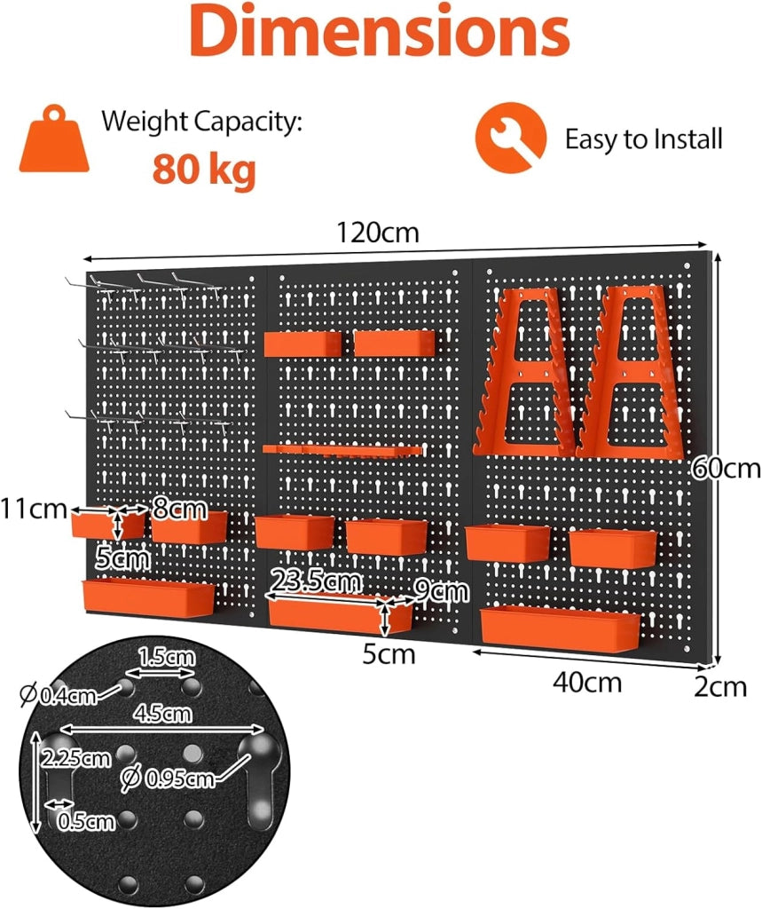 Pannello Porta Attrezzi da Parete 120 X 60 CM, 3 Pannelli Perforati in Metallo con kit di 29 Ganci, Stabile e Resistente, per Garage, Officina (Nero+Arancio, 120 X 60 X 2 CM)