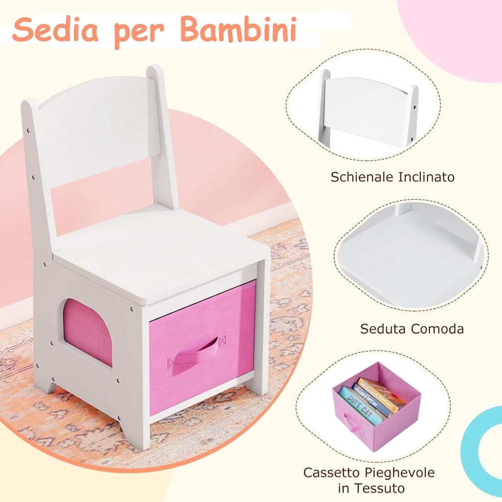 Toeletta per Bambine 3+ Anni, Set Tavolo e Sedia con Luci da Principessa con 5 Cassetti e 2 Scomparti, Armadietto con Porta e Scaffale Aperto, Ideale per Cameretta Bambina (Bianco)
