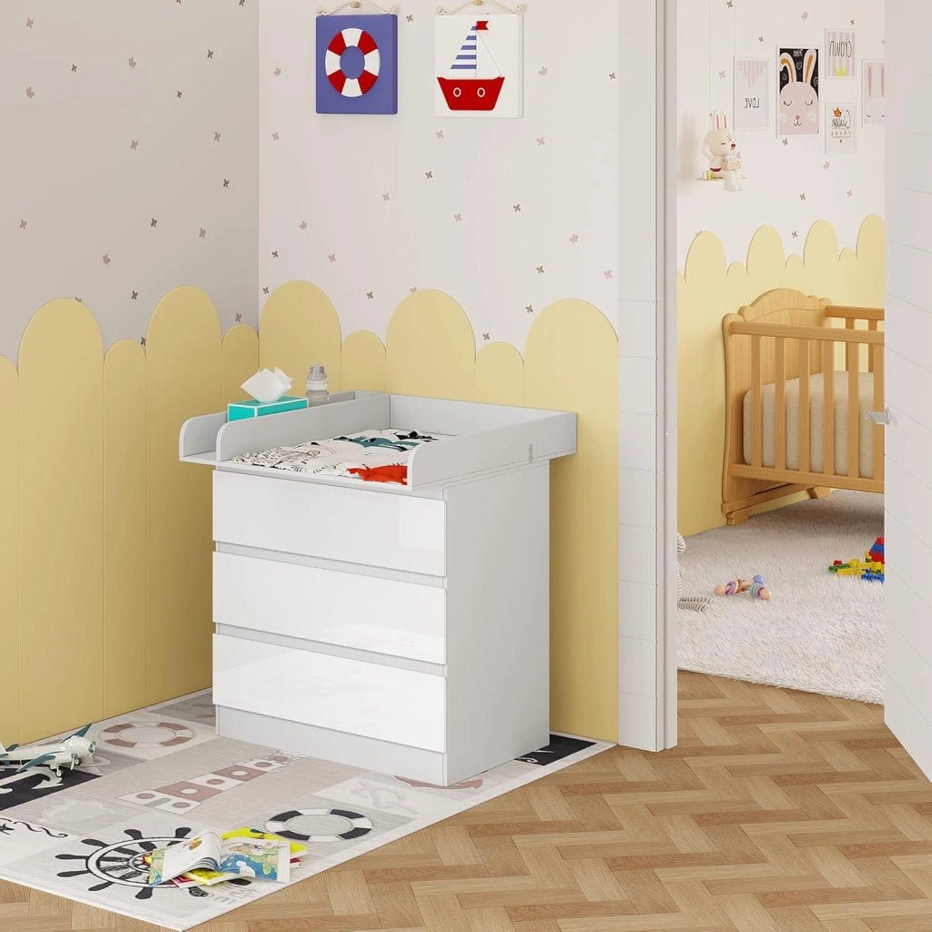 Cassettiera con Fasciatoio per Bambini, Cassettiera a 3 Cassetti, Fasciatoio con Divisorio Rimovibile, in MDF, Truciolare e Metallo, Bianco+Bianco Lucido