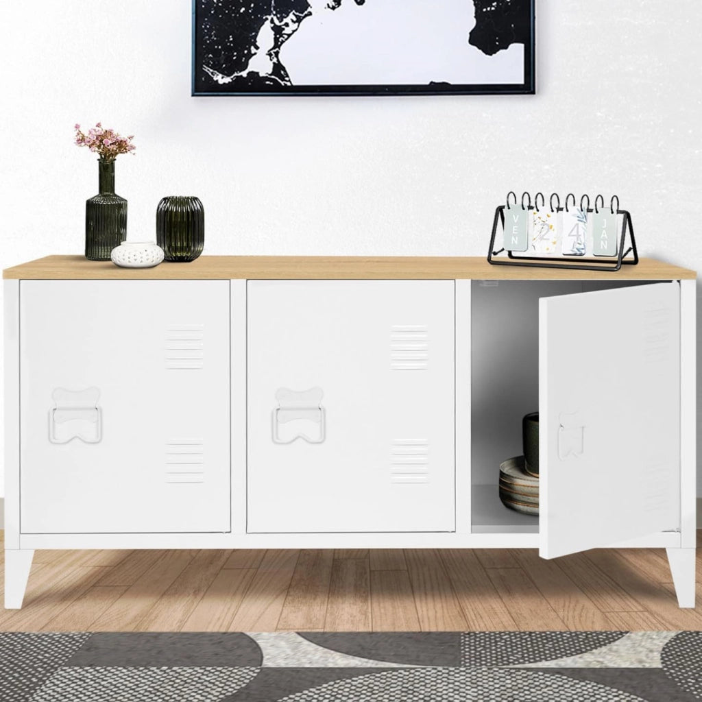Credenza bassa ESTER 113 cm con 3 ante in metallo bianco e piano in legno dal design industriale