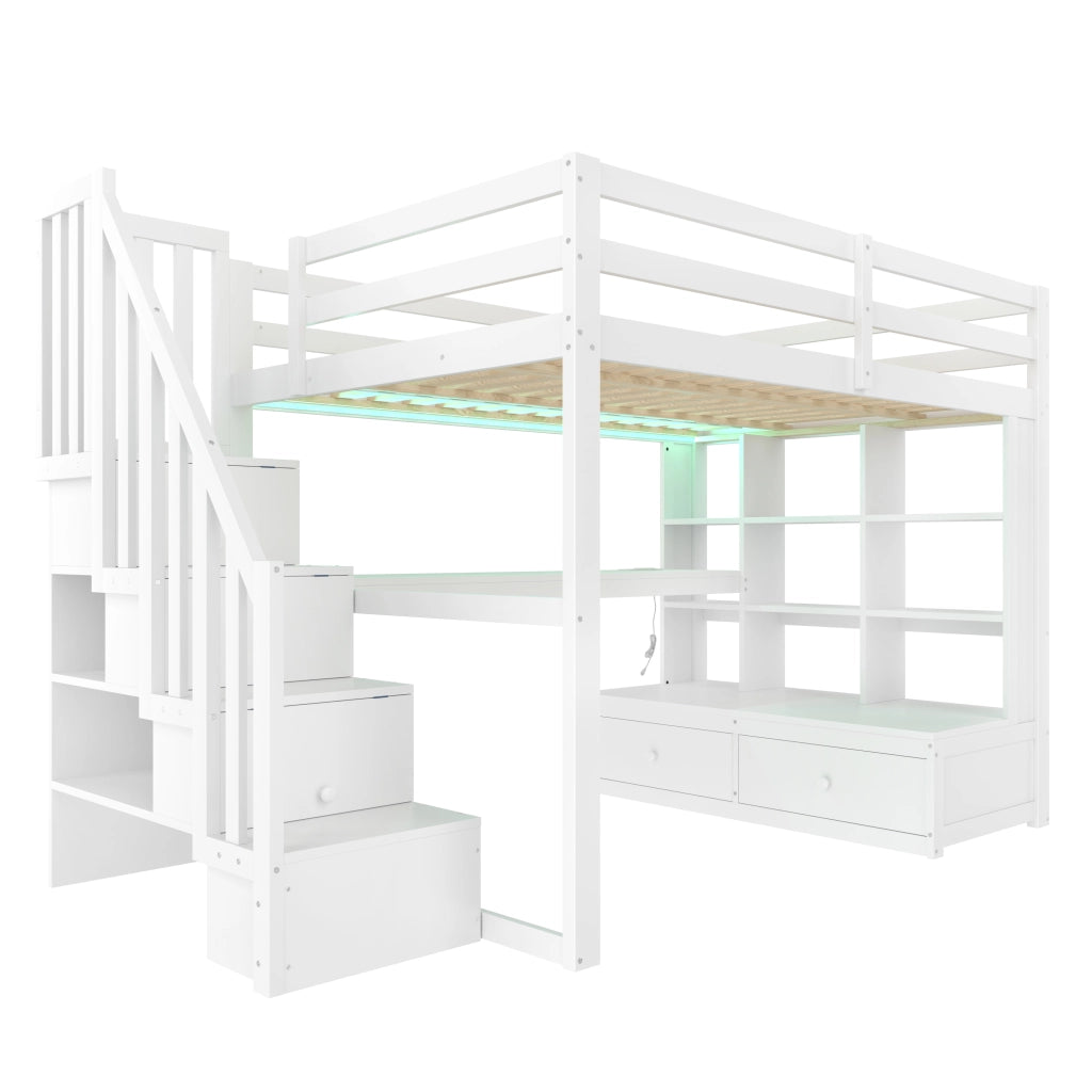 Letto a castello bianco con scrivania e scaffali in MDF e pino 140x200 cm