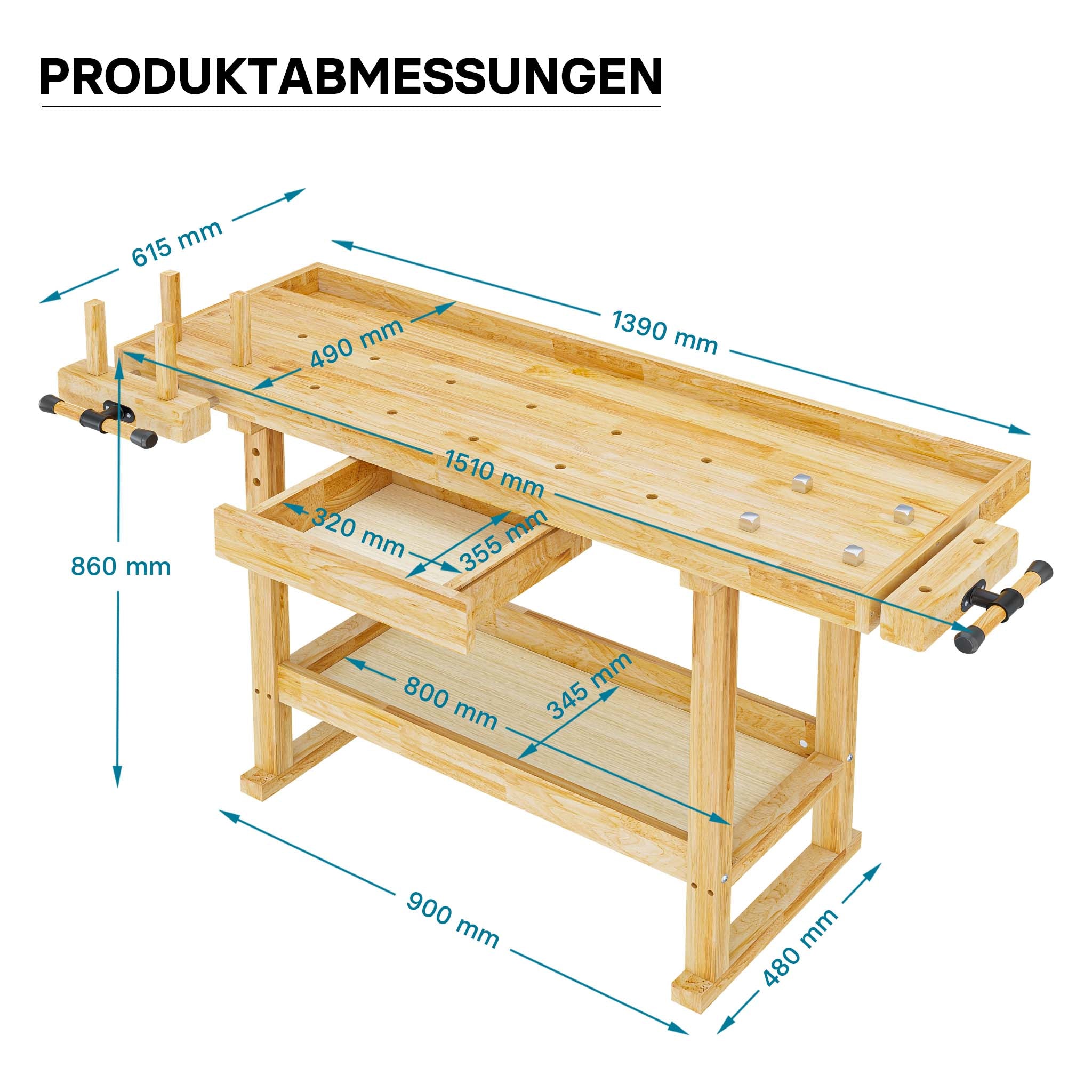 Banco da lavoro 145x49x86cm in legno (Rubberwood) ripiano e pinze di serraggio