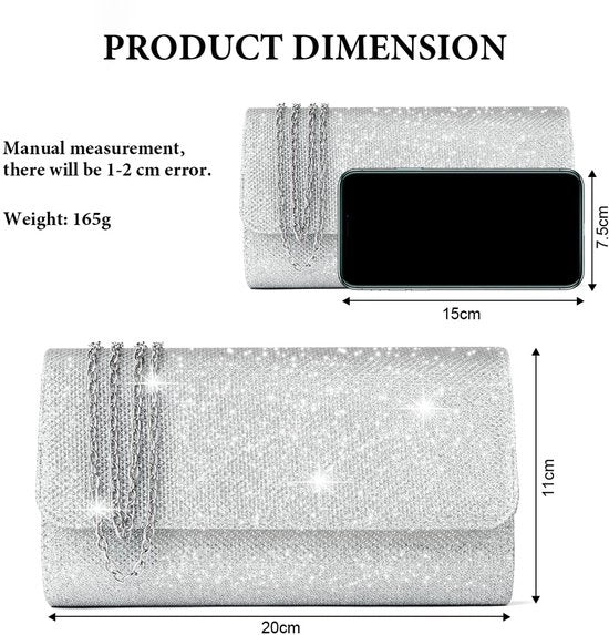 Borsa a catena per donne, Borsa da sera con glitter, Borsa elegante per pacchi, Borsa a catena, Borse a spalla per matrimoni, feste, tempo libero, Regali per la mamma (argento)