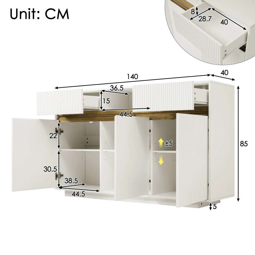 Credenza con LED 2 cassetti 3 ante e ripiani regolabili per soggiorno e ingresso bianca moderna 140 × 40 × 85 cm