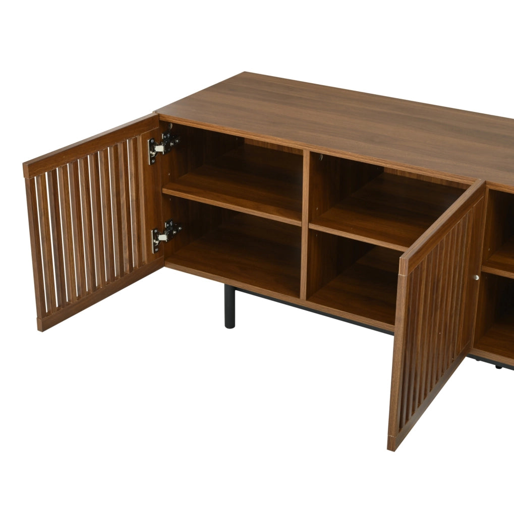 Mobile TV 160 cm con ante a doghe; 2 cassetti e vani aperti; MDF nero/naturale