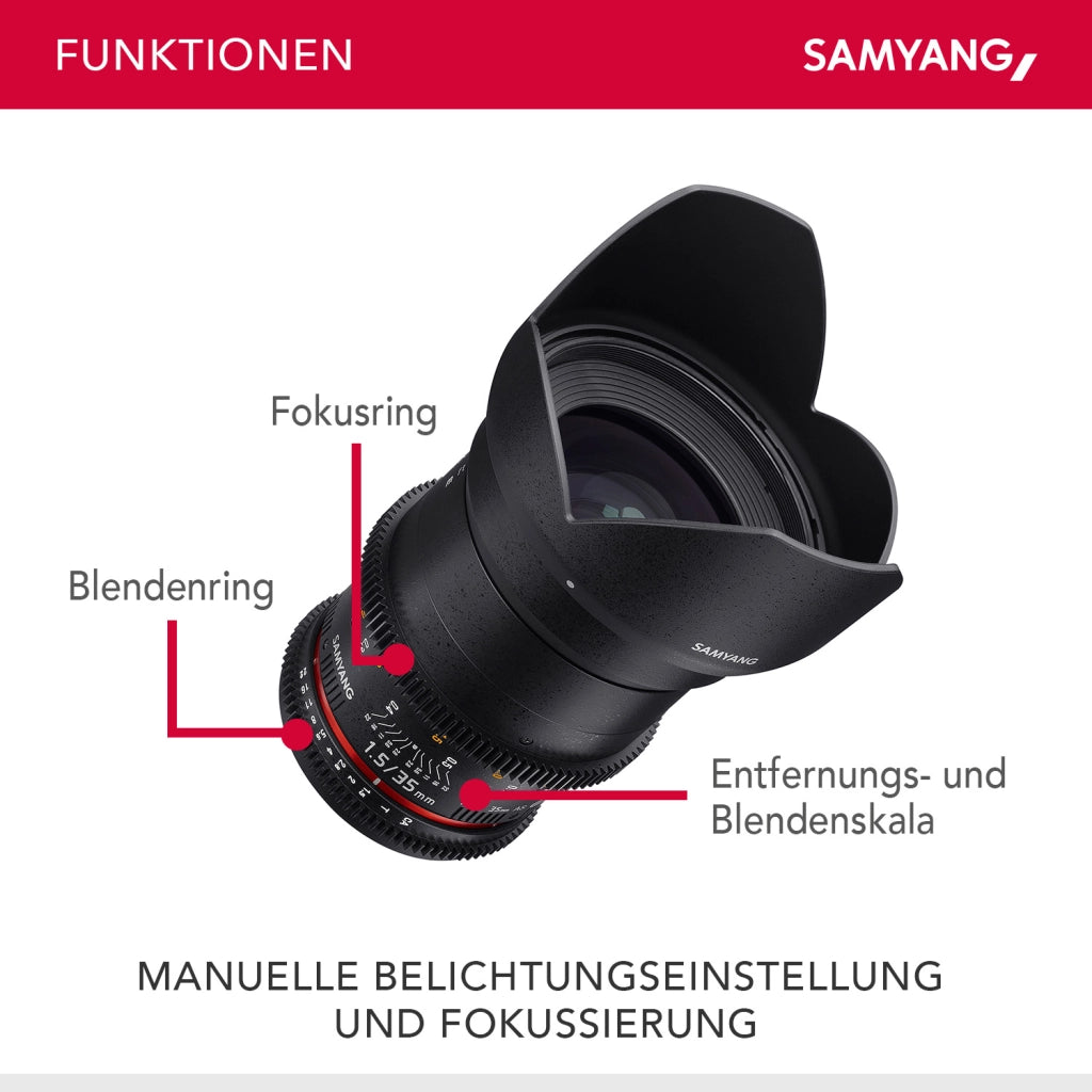 35/1.5 Lens Video DSLR II Obiettivo video Canon EF a messa a fuoco manuale 0,8 ingranaggi, grandangolo nero