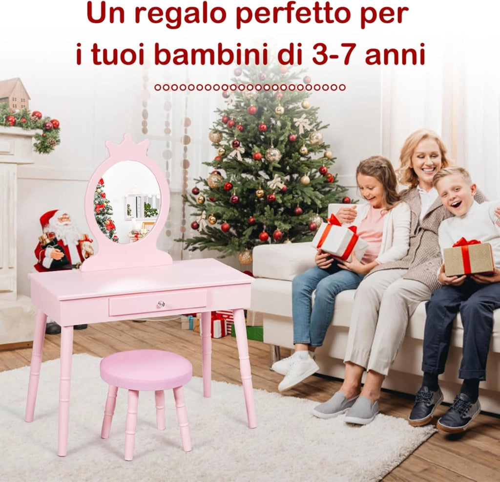 Toeletta Trucco per Bambina, Specchiera per Ragazzi in Legno Robusto, Postazione Trucco 2 in 1 Principessa con Cassetto, Sgabello e Specchio Staccabile, 70 x 34 x 100 cm (Rosa)