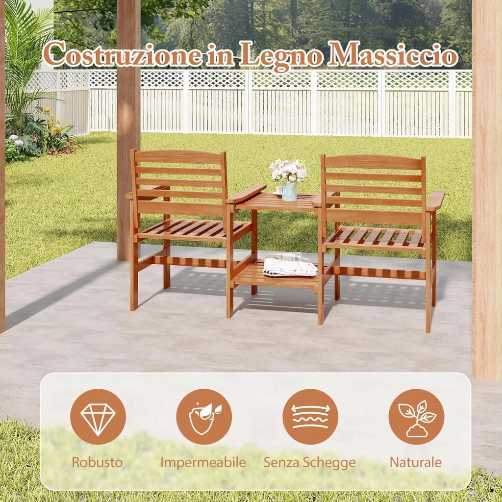 Set Tavolo e Sedie da Giardino con Foro per Ombrellone, Set di Mobili a 2 Posti in Legno, Tavolo e Sedia da Bistro, Tavolino Portata 35 kg, Sedia Portata 120 kg, per Giardino, Patio