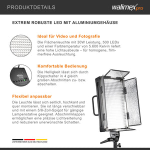 LED 500 Luce a pannello 30 W, versione diurna, con robusto alloggiamento in metallo + staffa, potente illuminazione da studio