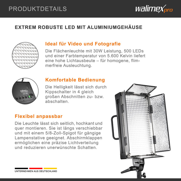 LED 500 Luce a pannello 30 W, versione diurna, con robusto alloggiamento in metallo + staffa, potente illuminazione da studio