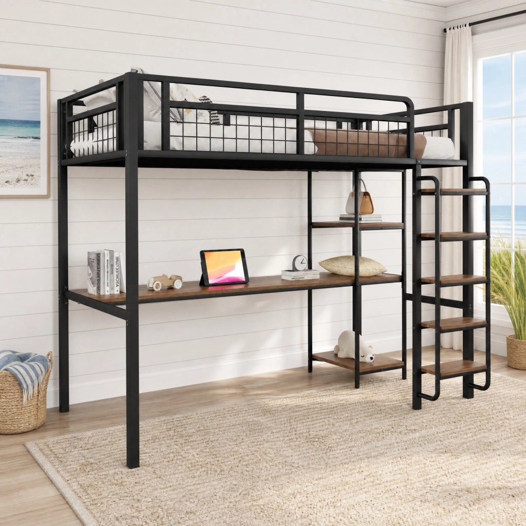 LETTO A CASTELLO IN METALLO 90x200 cm Nero con scala, tavolo e ripiani