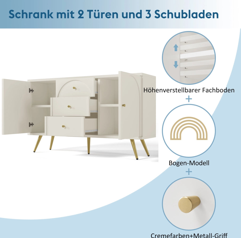 Credenza con 2 ante e 3 cassetti 140x40x84 cm; crema bianco; legno e metallo