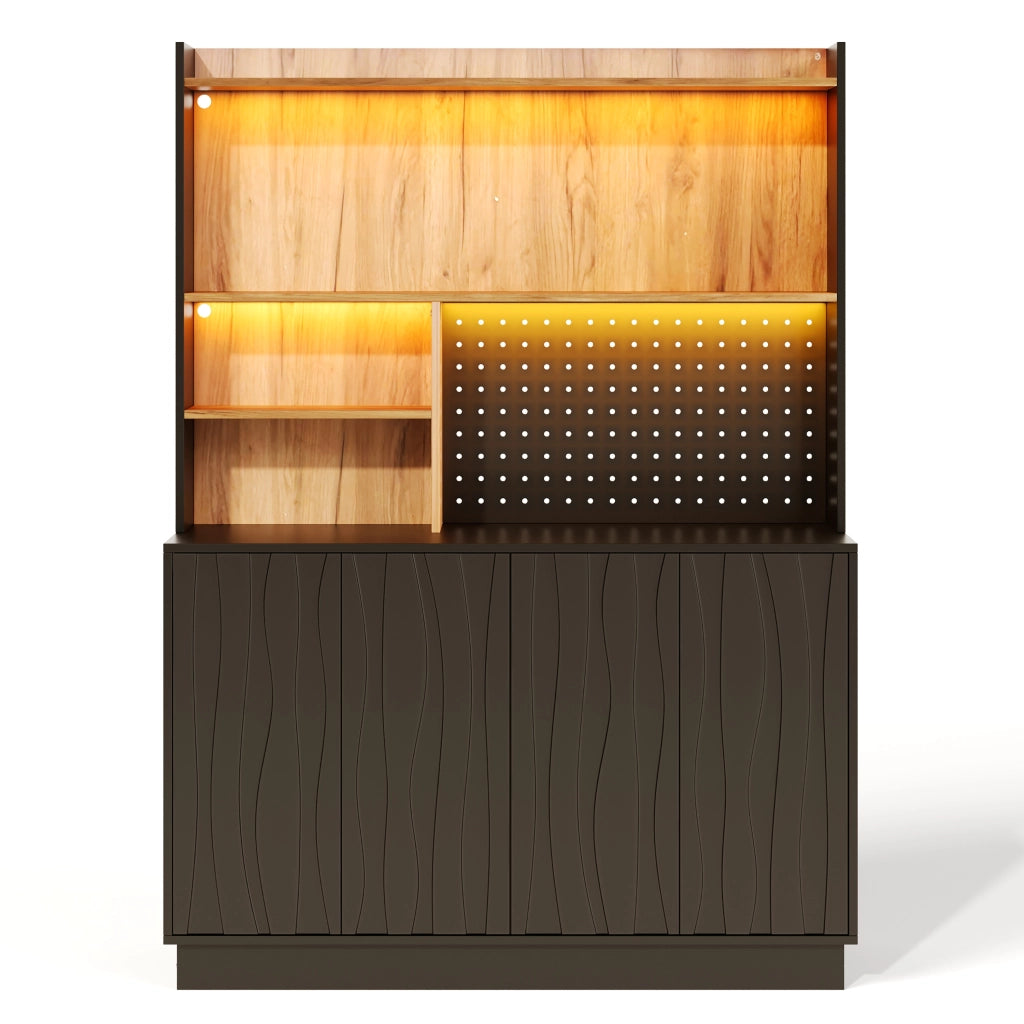 Mobile da cucina con LED RGB e prese USB; 120x43x160 cm in MDF nero e naturale