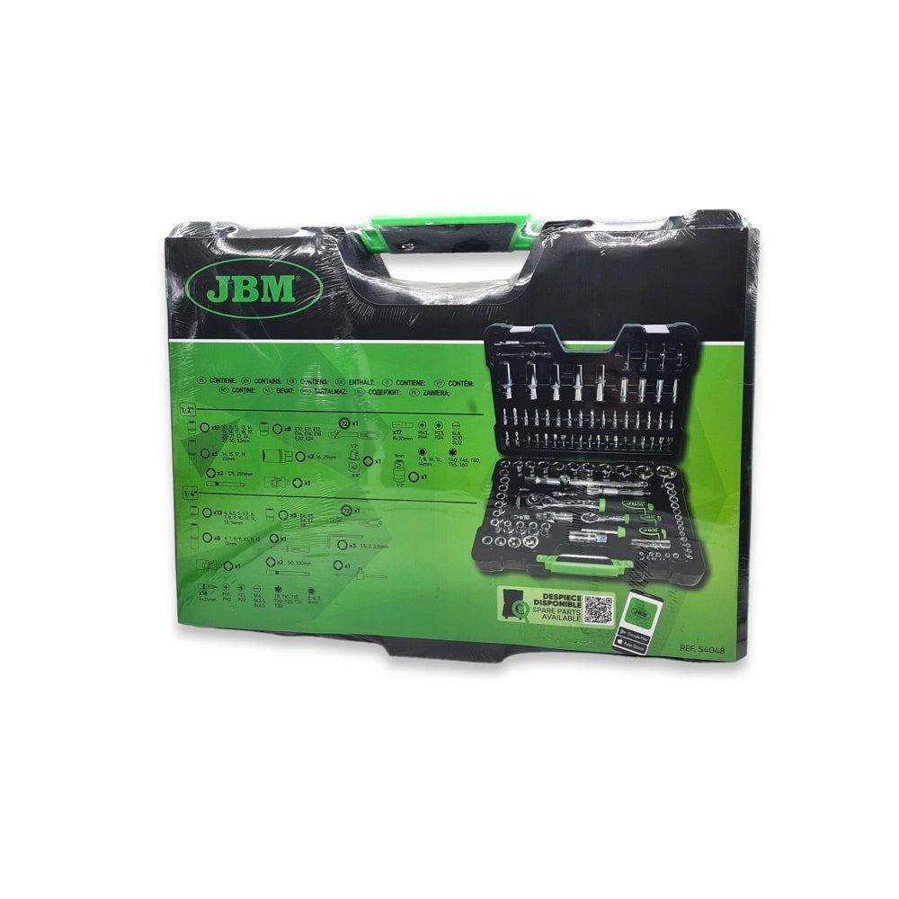 Valigetta Utensili Professionale 108 Pezzi JBM con Bussole Esagonali Cromate, Cricchetti, Prolunghe, Kit Attrezzi per Auto, Officina e Fai-da-Te