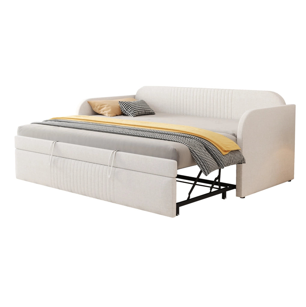 Divano letto imbottito estensibile 90/180 x 190 cm in lino beige; con rete a doghe
