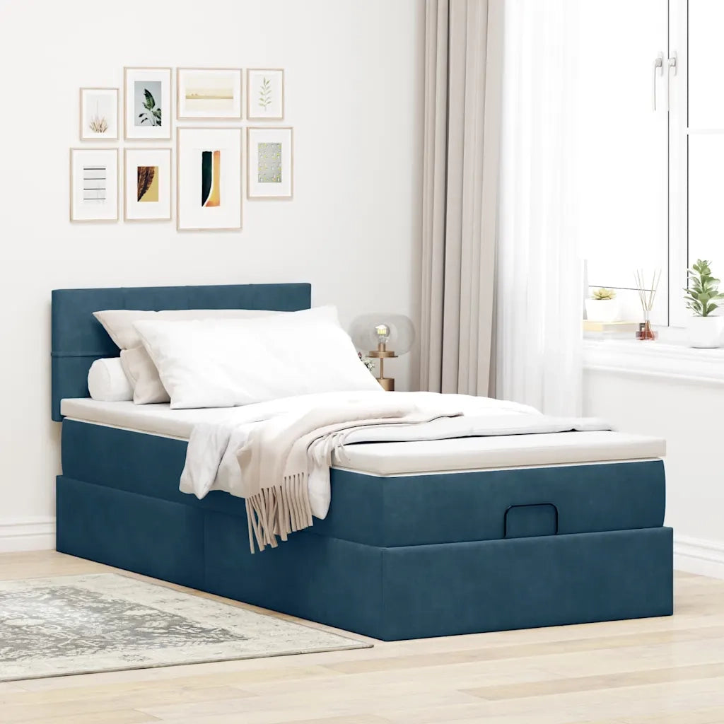 Pouf Letto con Materasso e LED Blu Scuro 80x200cm in Velluto
