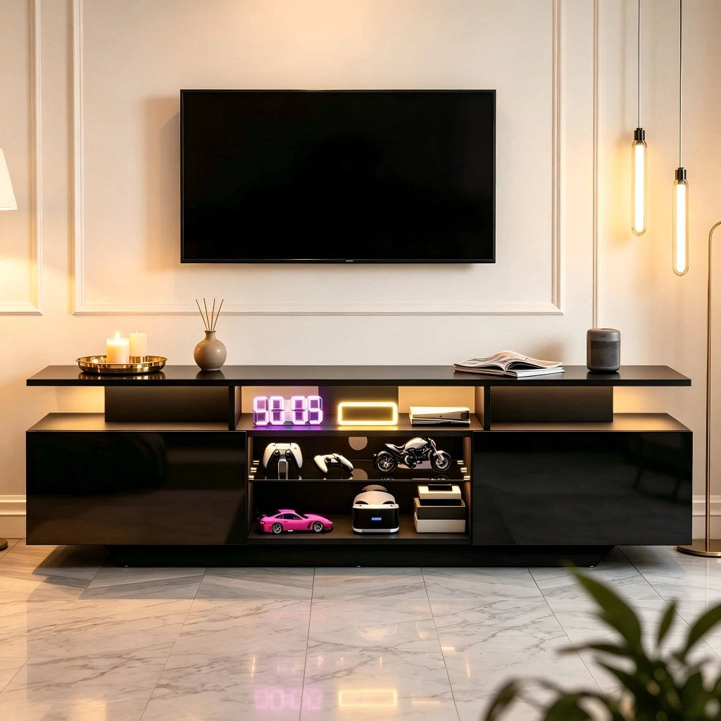 Mobile TV con 2 ante e 8 vani; illuminazione LED - per soggiorno - 160×40×45 cm - nero