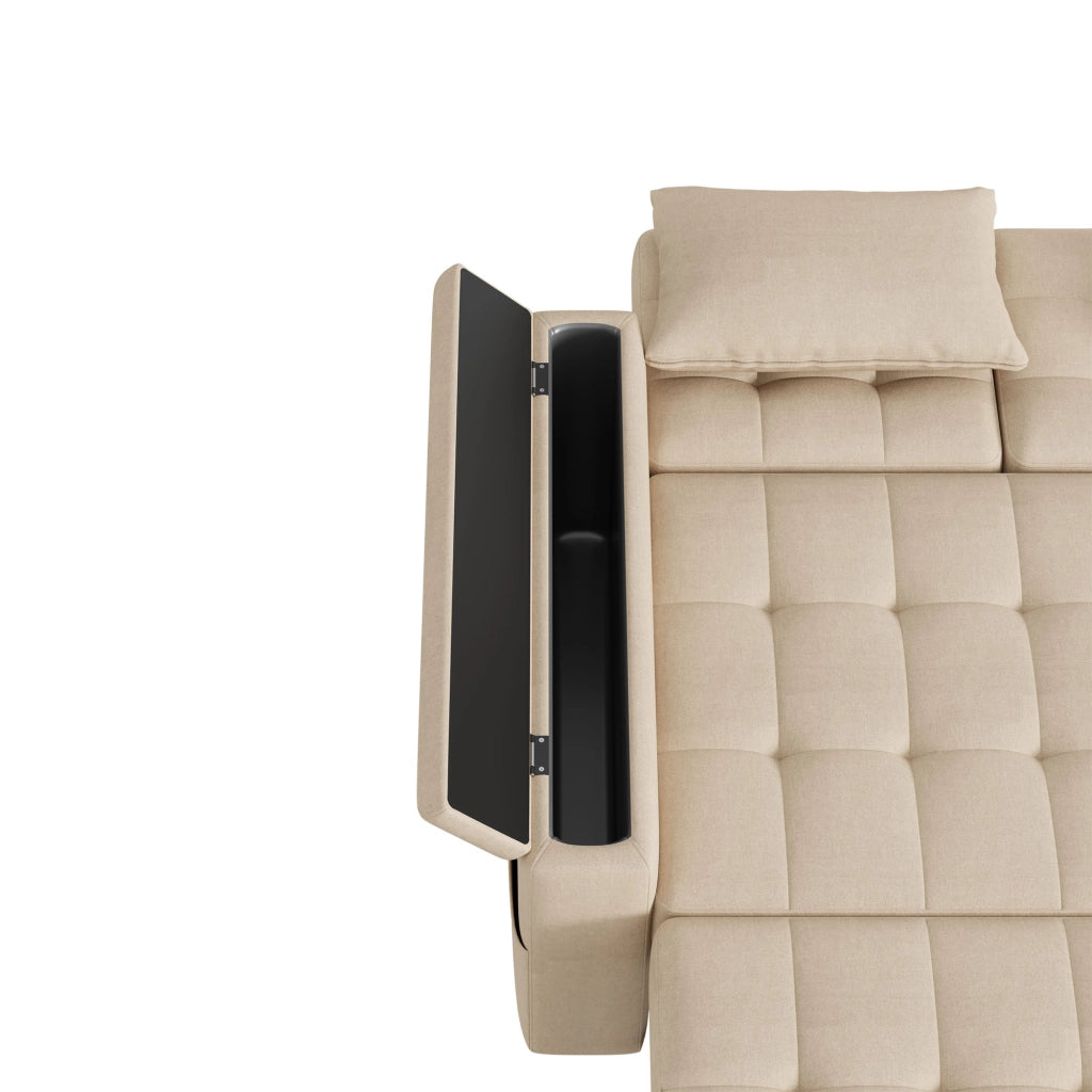 divano letto 2 posti con schienale regolabile; vani laterali e 2 cuscini; cotone e lino beige