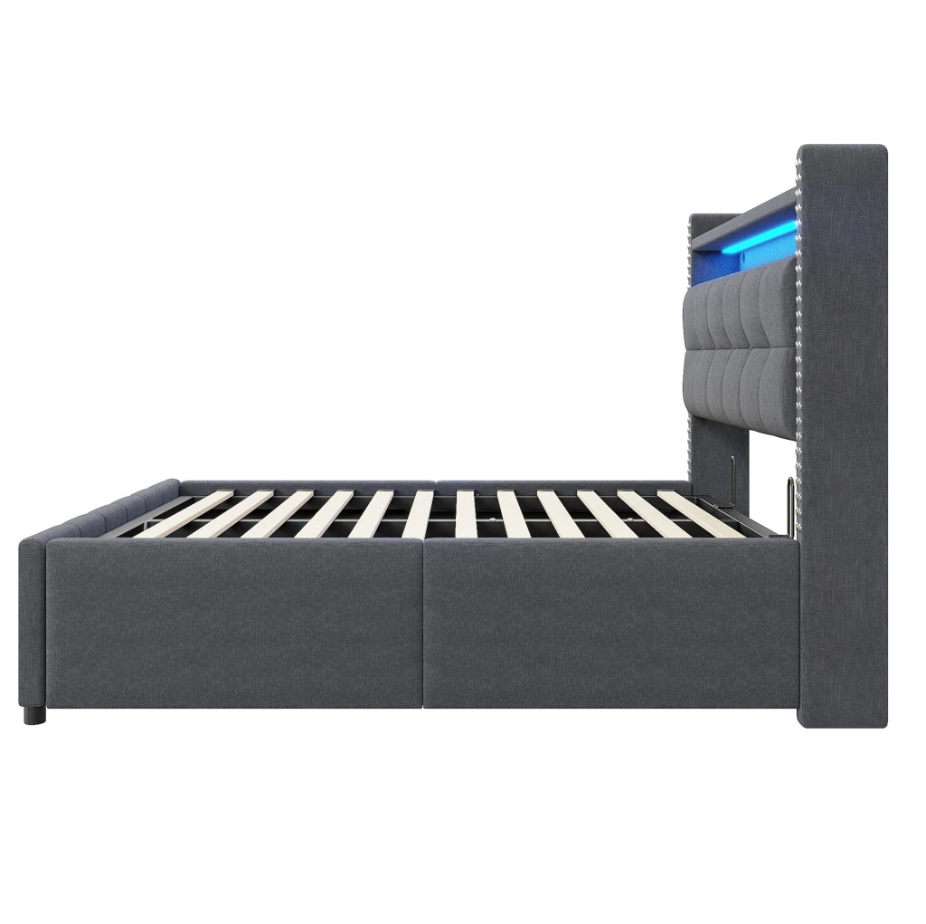 Letto imbottito 160x200 cm grigio con LED, USB, testiera con ripiani e contenitore idraulico