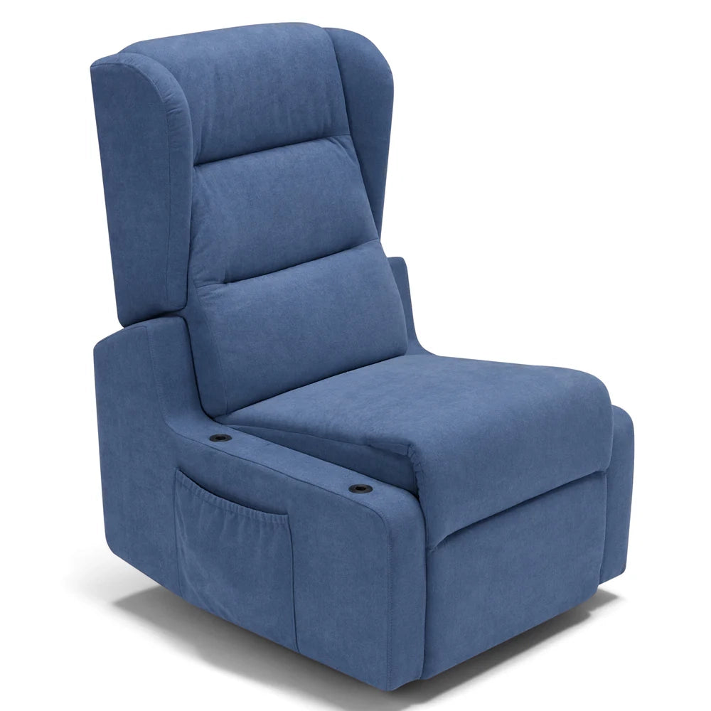 Poltrona relax elettrica Bilbao per anziani, 2 motori, 2 ruote, reclinazione e alzapersona, Tavolino di Servizio, braccioli estrabili, doppia pediera, colore Blu