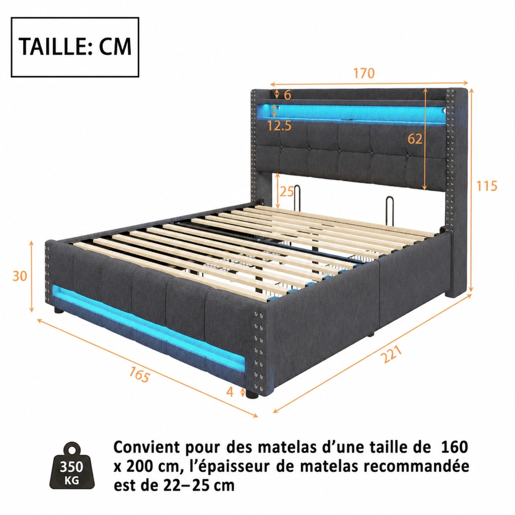 DESMIU Letto matrimoniale 160 × 200 cm con LED, USB, mensole, 4 cassetti, senza materasso, lino grigio