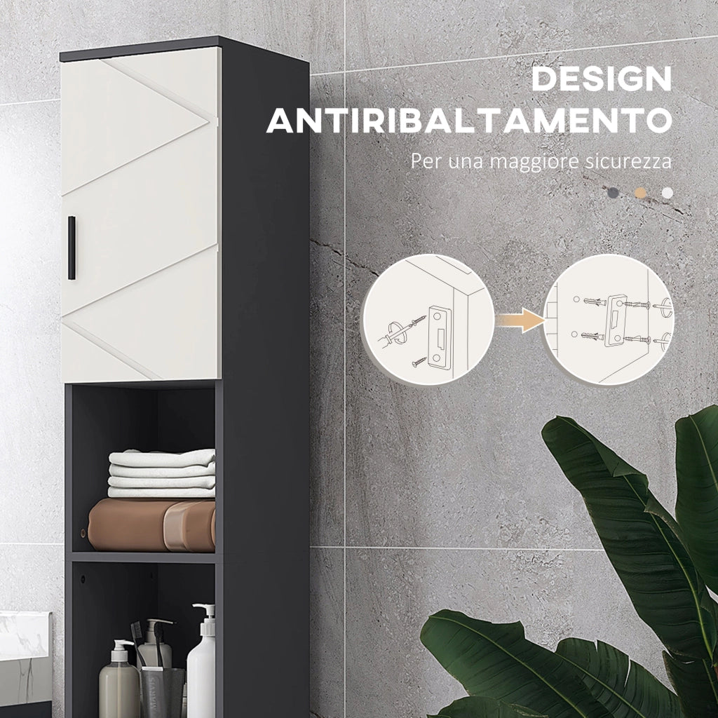 Colonna Bagno in Truciolato con 2 Ripiani Aperti e 2 Armadietti a 2 Livelli, 30x30x183 cm, Grigio