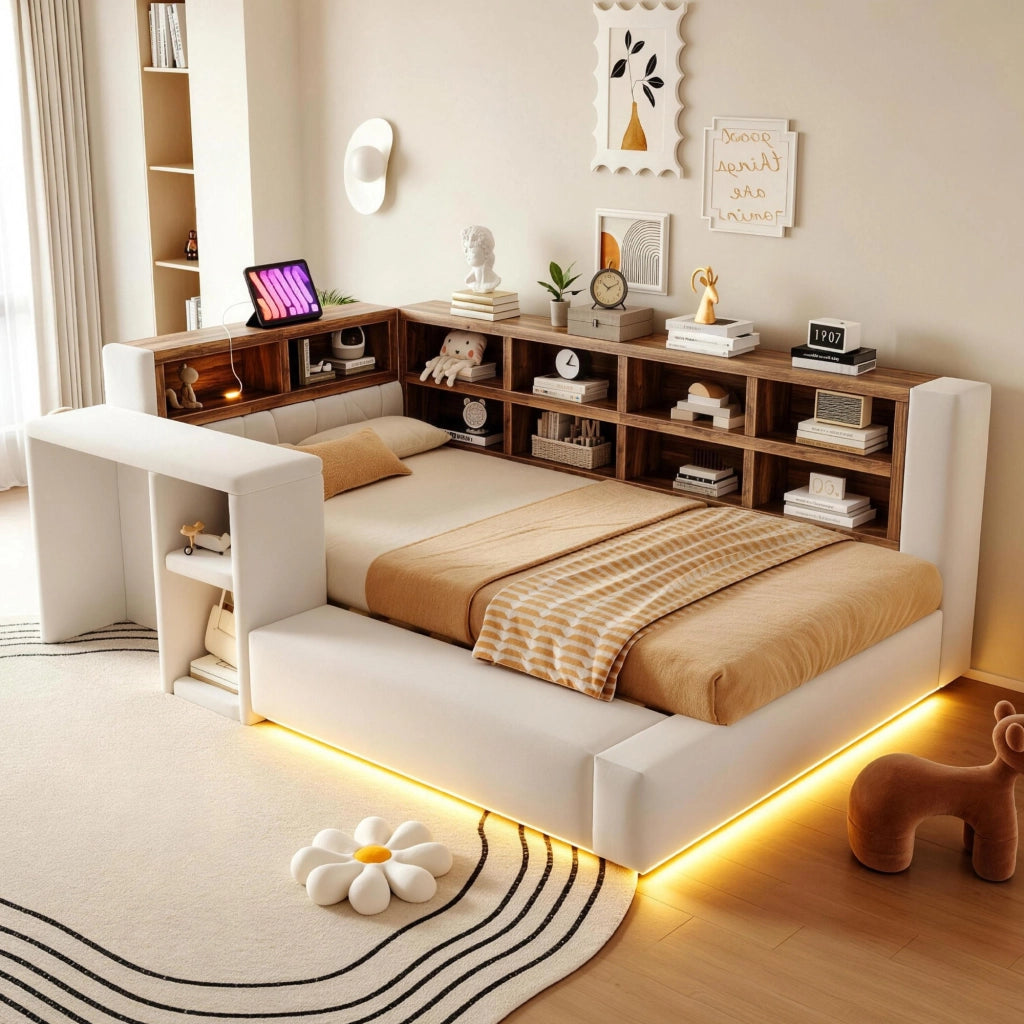Letto imbottito 90 x 200 cm con contenitore, USB/LED e tavolino laterale, beige
