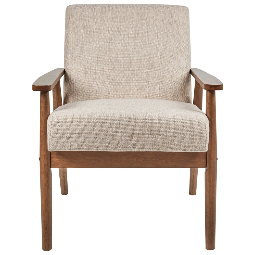 Poltrona da salotto con rivestimento in tessuto beige con struttura in legno stile retrò