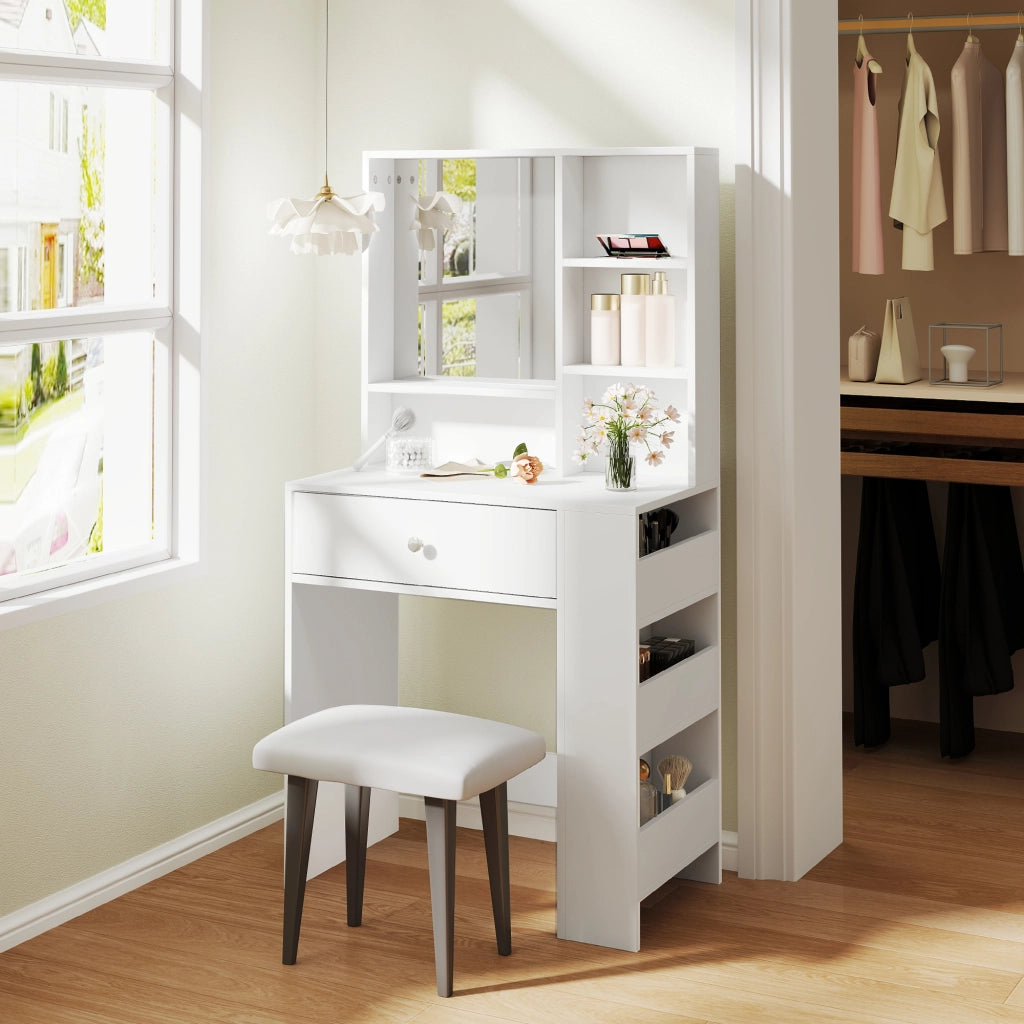 Tavolo trucco con specchio e cassetto, 3 ripiani laterali ¨C Minimal ¨C bianco