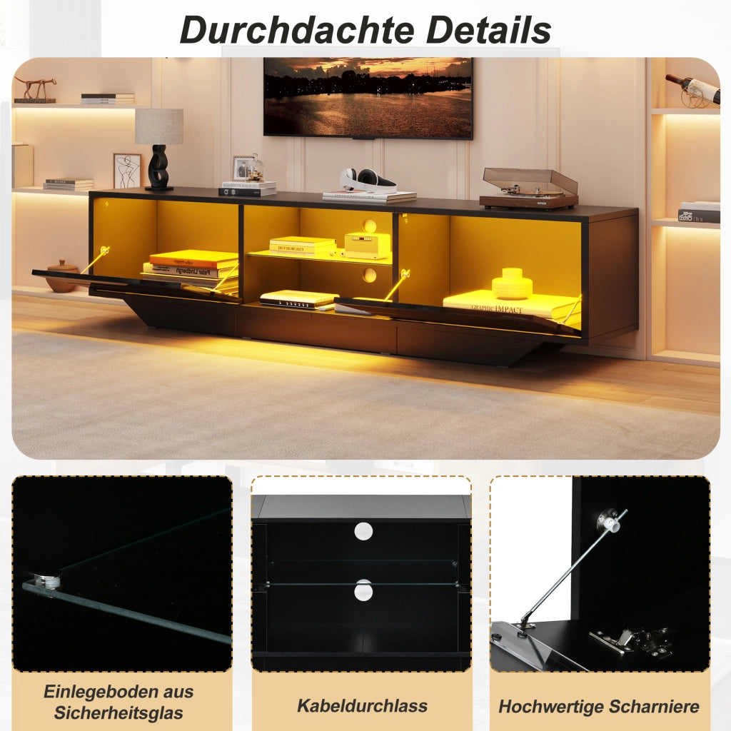Mobile porta TV con LED RGB, 2 ante e 4 vani con ripiano in vetro regolabile, per soggiorno, nero, 160 × 35 × 44,5 cm