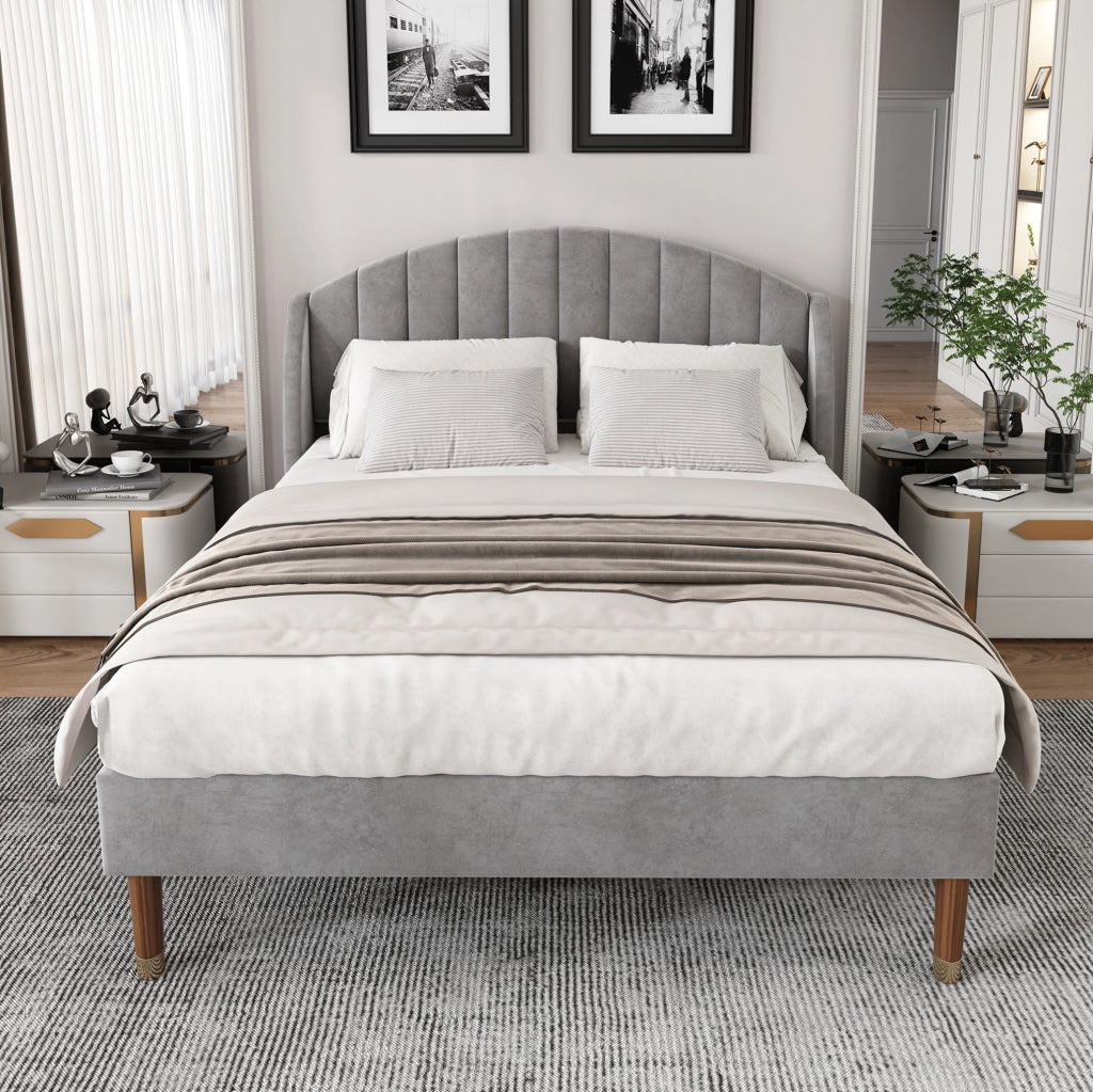 Letto imbottito 140x200 cm con rete a doghe e testiera; in velluto grigio