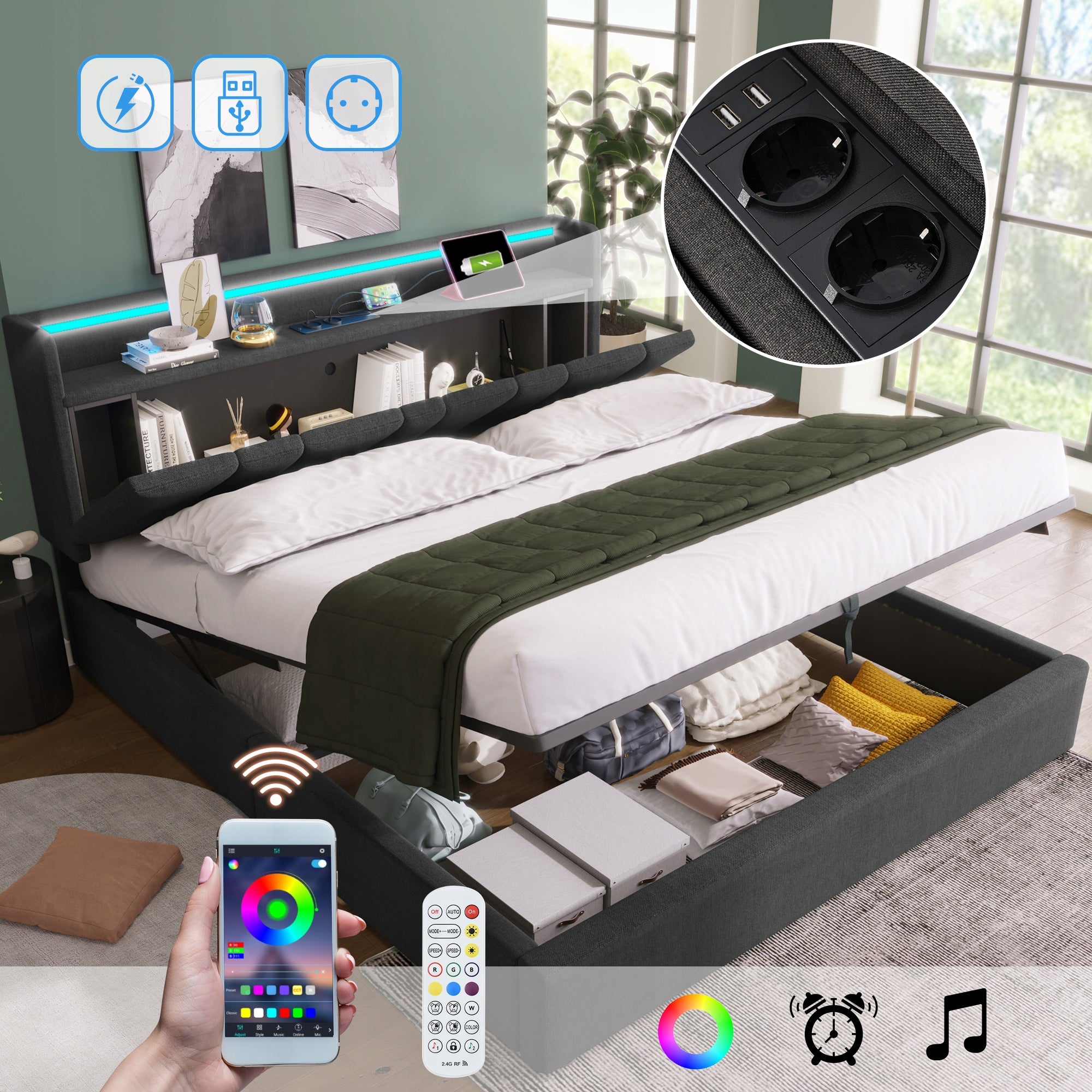 Letto imbottito con USB e LED - Xylo - 160x200 - Grigio - Con materasso