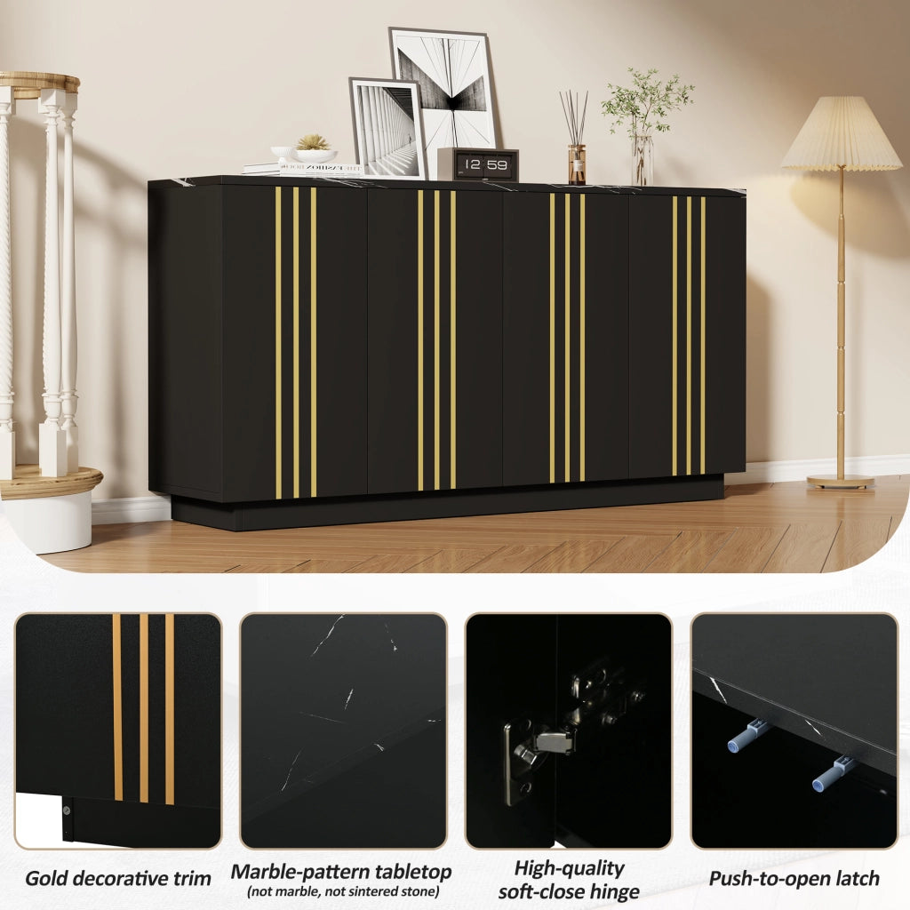 Credenza Nera e Oro Mobile Soggiorno 4 Ante Madia 140x35x70 cm