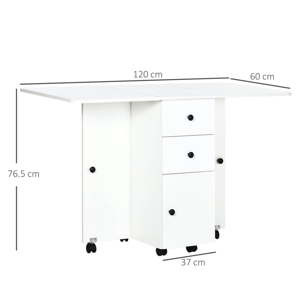 Tavolo a Ribalta per 6 Persone max con 2 Cassetti Armadietto e Ripiano 120x60x76,5 cm in Truciolato Bianco