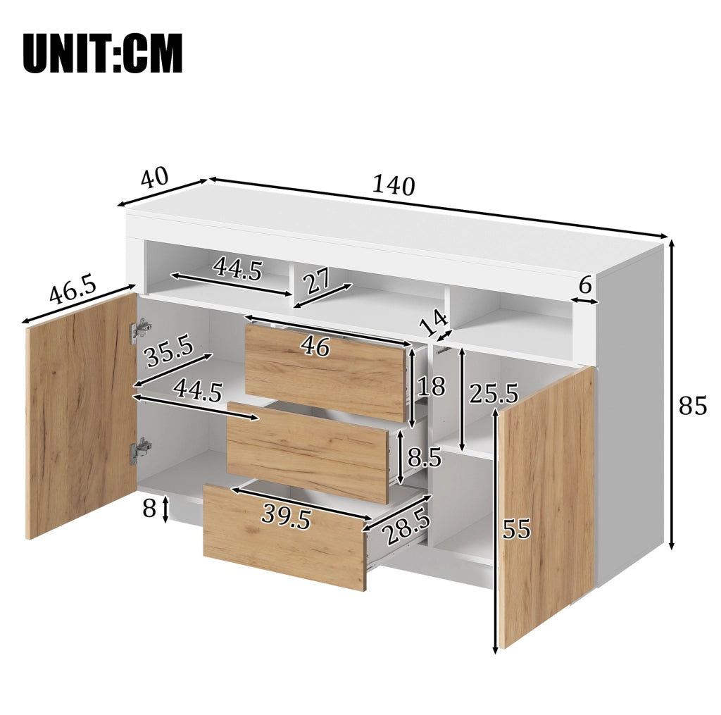 Credenza 140x40x85 cm con 3 cassetti; 2 ante e 3 vani aperti; bianco e naturale