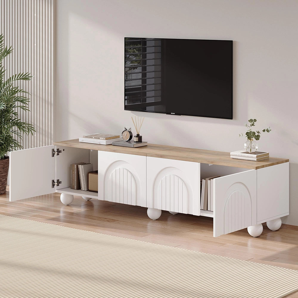 Mobile TV 180x40x45cm - Xylo - 4 Ante, 6 Piedi Sferici, Legno e Bianco, fino a 80"