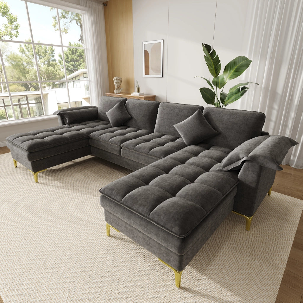 DIVANO angolare a U 4-5 posti 262x134x86 cm Chenille Grigio con 2 cuscini