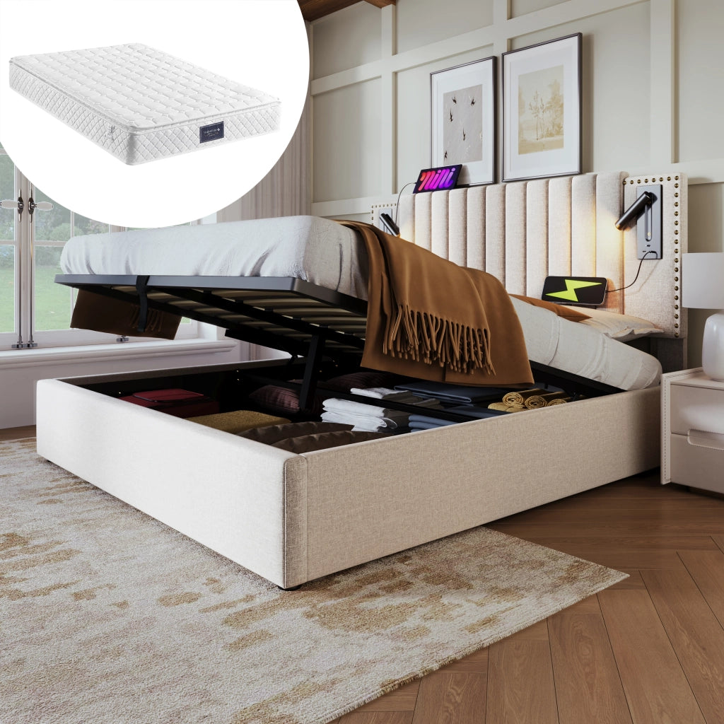 Letto imbottito 160x200 con contenitore - Zephmum- Tessuto in cotone beige, luce LED USB, testiera con borchie