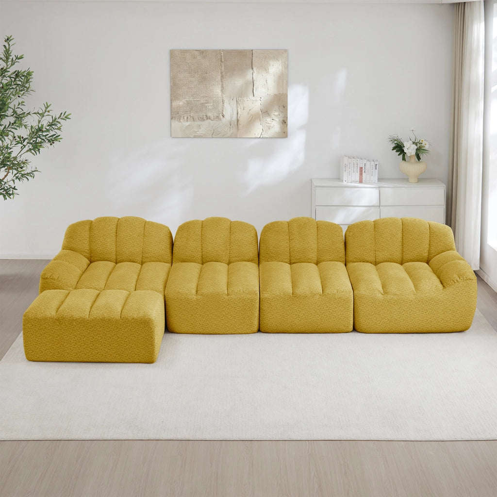 Divano Modulare 4 Posti con Poggiapiedi ¨C MINIMAL ¨C Tessuto Morbido Giallo