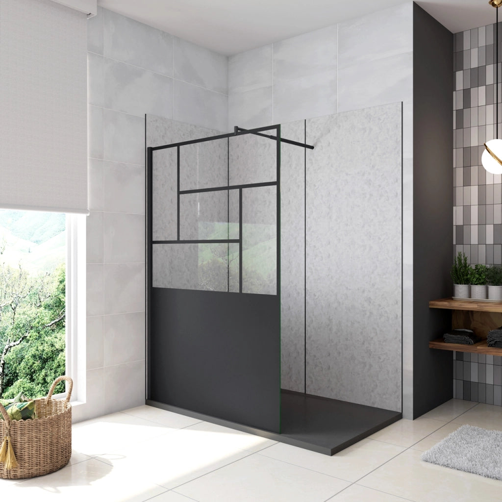 Doccia Walk In Parete Fissa Vetro Temperato 8 mm Anticalcare 120x200cm Semitrasparente Riquadri Nero Serigrafato Barra Stabilizzatrice da 70-120 cm