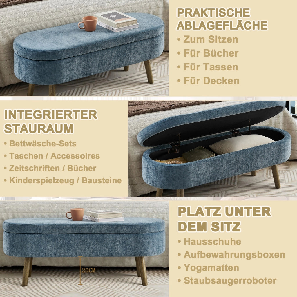 Panca contenitore in chenille con vano portaoggetti da 20 l e struttura in legno massello blu 110 × 40 × 42 cm