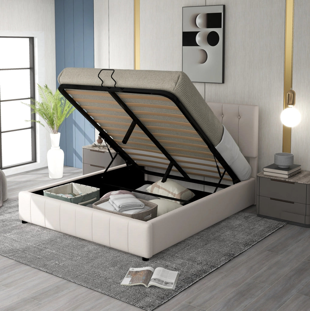 Letto matrimoniale imbottito 140x200 cm con contenitore idraulico; velluto crema