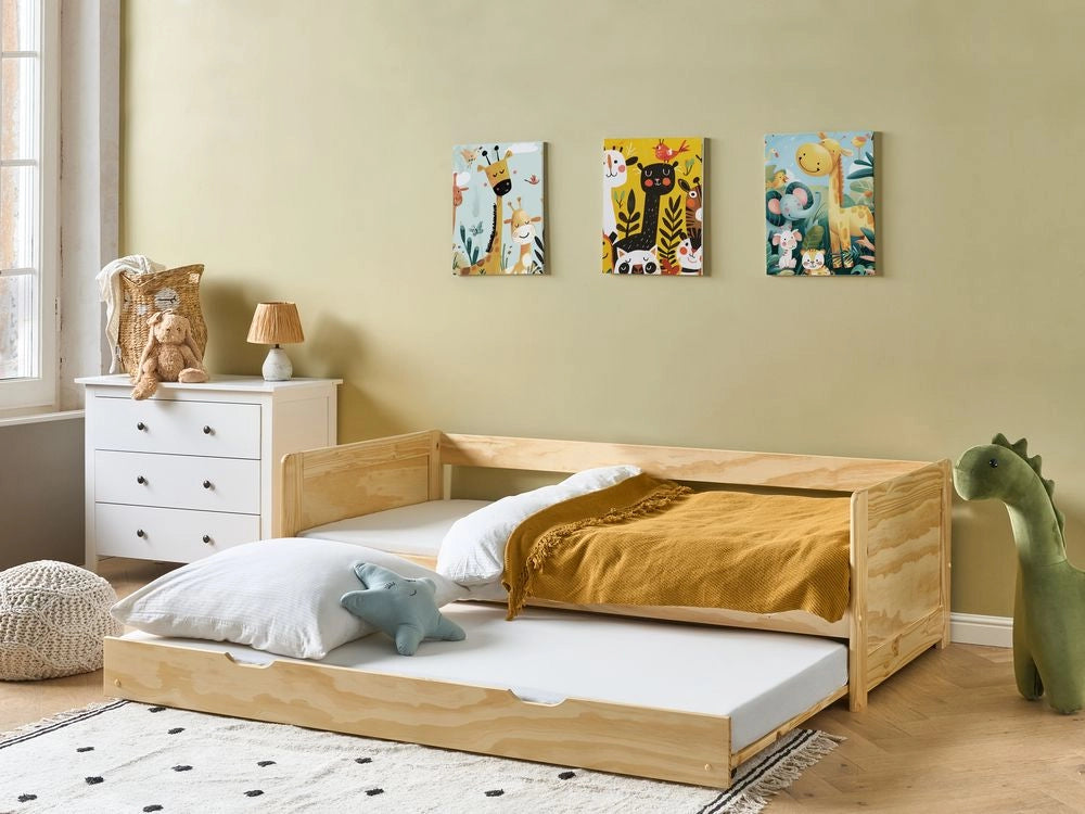 Letto a castello per bambini in legno di pino chiaro struttura di dimensioni singole EU con telaio estraibile extra.