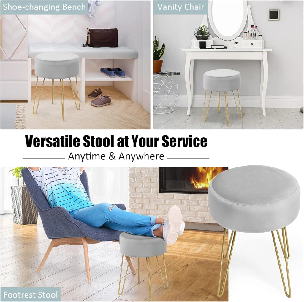 Sgabello Velluto, Ottomano Poggiapiedi, Rotondo, con Gambe in Metallo, Moderno per Soggiorno, Camera e Camerino, Portata di 100 kg, 39x39x46 cm, 4 Colori Disponibili (Grigio)