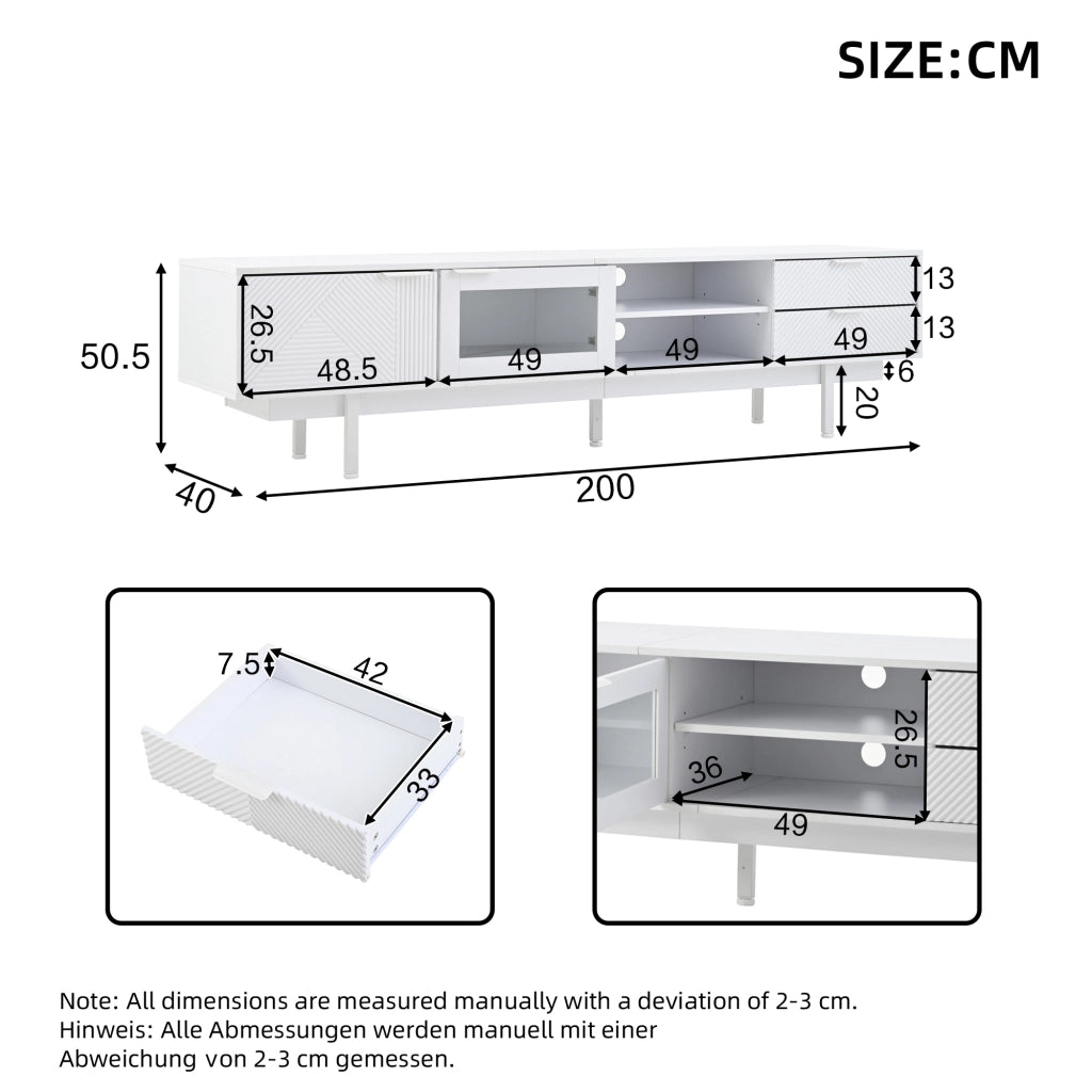 Mobile TV con 2 Ante; 2 Cassetti e 2 Vani per Soggiorno in Pannelli di Particelle 200 × 40 × 50.5 cm Bianco